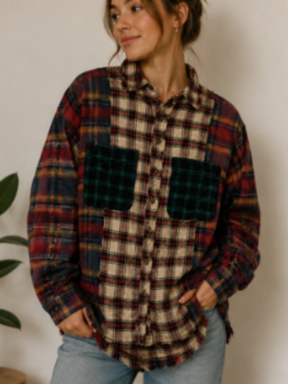 Grunge Patchwork Flannel Shirt Distressed Plaid Shacket Indie Streetwear S